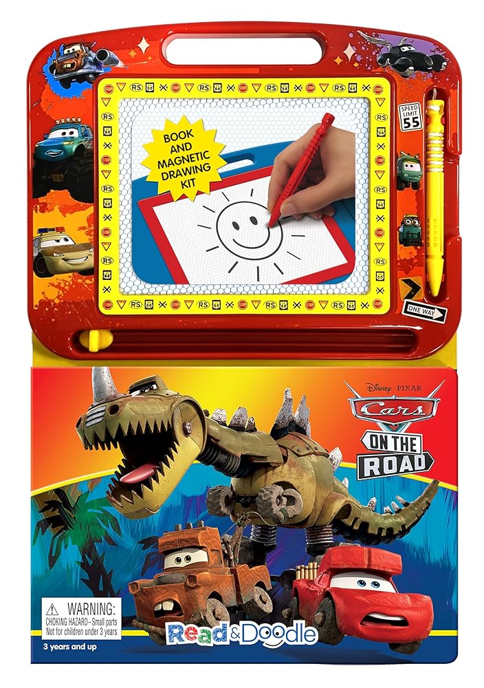Disney / Pixar Cars on the Road Read & Doodle - Learning resources for kids, a magnetic drawing pad, an easy-to-use pen, 22-page board book for reading and drawing cover image