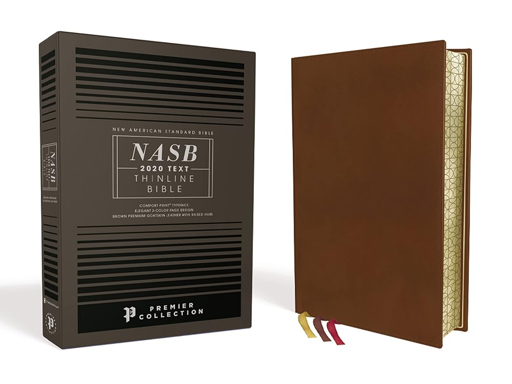 NASB, Thinline Bible, Premium Goatskin Leather, Brown, Premier Collection, Black Letter, Gauffered Edges, 2020 Text, Comfort Print cover image