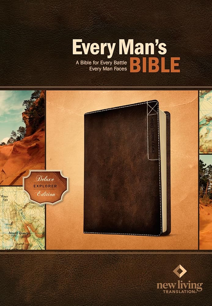 Every Man's Bible: New Living Translation, Deluxe Explorer Edition (LeatherLike, Brown) – Study Bible for Men with Study Notes, Book Introductions, and 44 Charts cover image