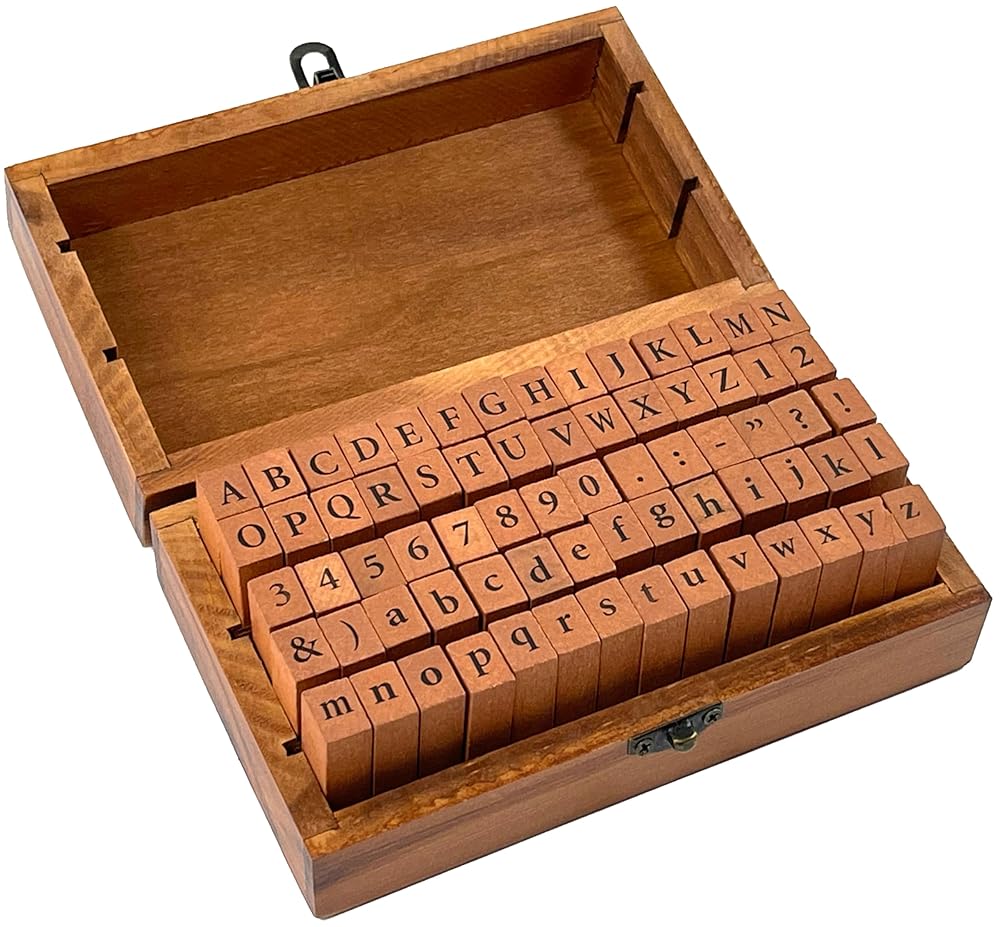 Studio Series Letterpress Stamp Set (70 piece wooden, rubber stamp set with letters, numbers, and symbols) cover image