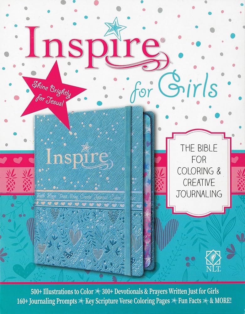 Tyndale NLT Inspire Bible for Girls (Hardcover LeatherLike, Metallic Blue): Journaling and Coloring Bible for Kids – Over 500 Scripture Illustrations to Color - Creative Bible Journal cover image