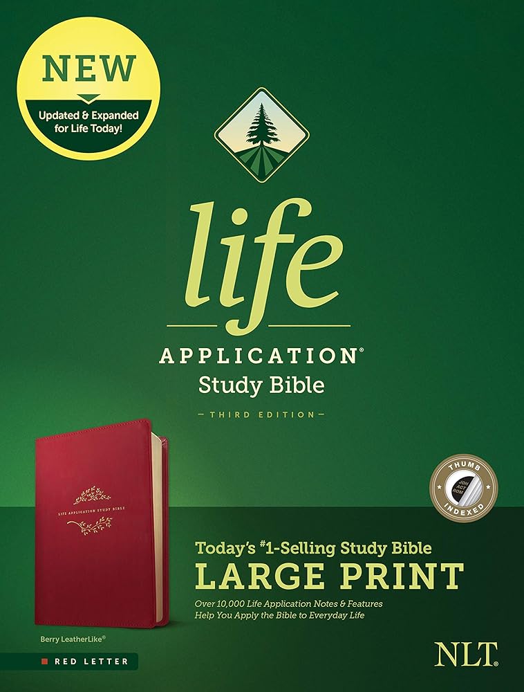 Tyndale NLT Life Application Study Bible, Third Edition, Large Print (LeatherLike, Berry, Indexed, Red Letter) – New Living Translation Bible, Large Print Study Bible for Enhanced Readability cover image