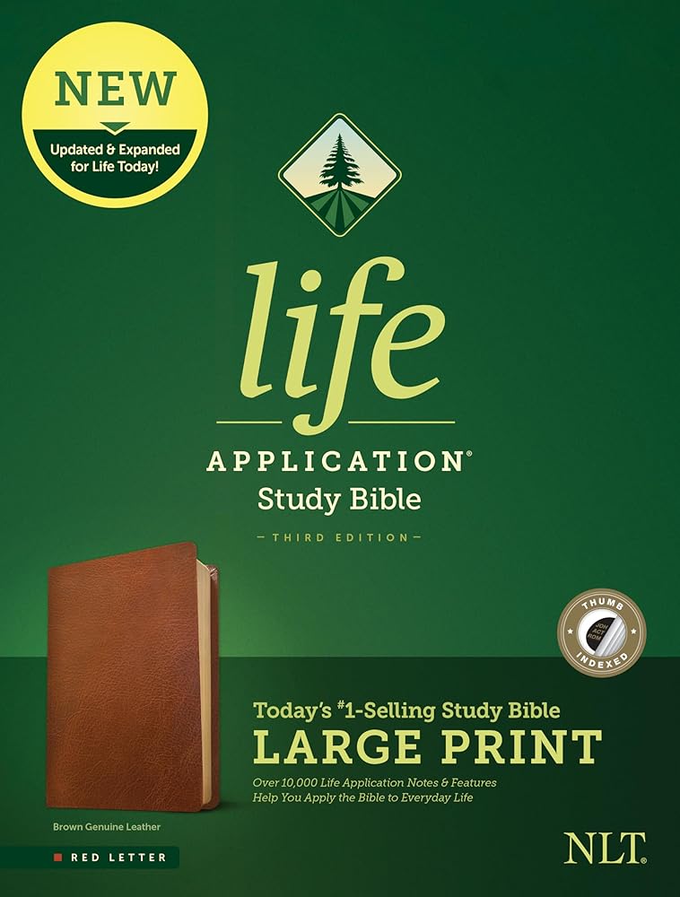 Tyndale NLT Life Application Study Bible, Third Edition, Large Print (Genuine Leather, Brown, Indexed, Red Letter) – New Living Translation Bible, Large Print Study Bible for Enhanced Readability cover image