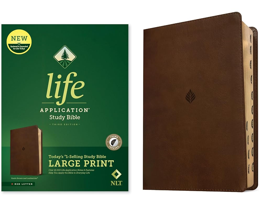NLT Life Application Study Bible, Third Edition, Large Print (LeatherLike, Rustic Brown Leaf, Indexed, Red Letter) cover image