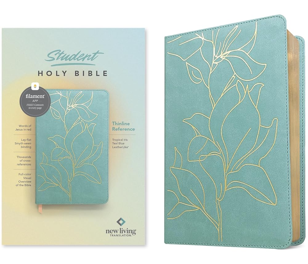NLT Student Bible, Thinline Reference, Filament Enabled (LeatherLike, Tropical Iris Teal Blue, Red Letter) cover image
