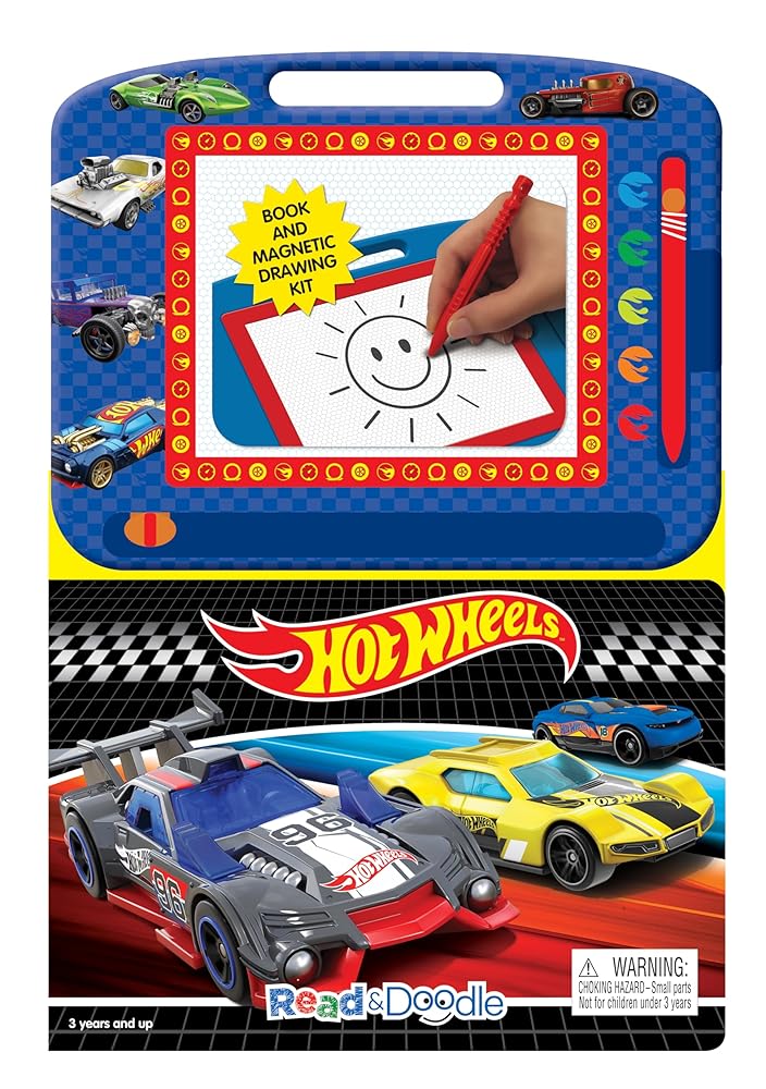 Hot Wheels Read & Doodle - Learning resources for kids, a magnetic drawing pad, an easy-to-use pen, 22-page board book for reading and drawing cover image