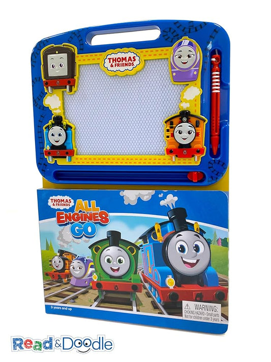 Thomas All Engines Go Read & Doodle - Learning resources for kids, a magnetic drawing pad, an easy-to-use pen, 22-page board book for reading and drawing cover image