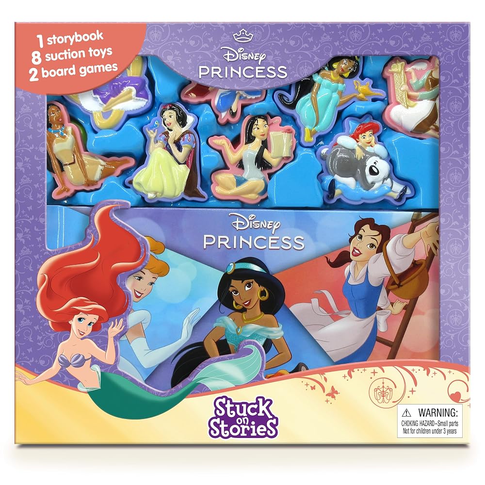 Disney Princess Stuck on Stories - Activity Books for kids, 16-page storybook, 8 toy suction cups, 2 board games to enjoy cover image